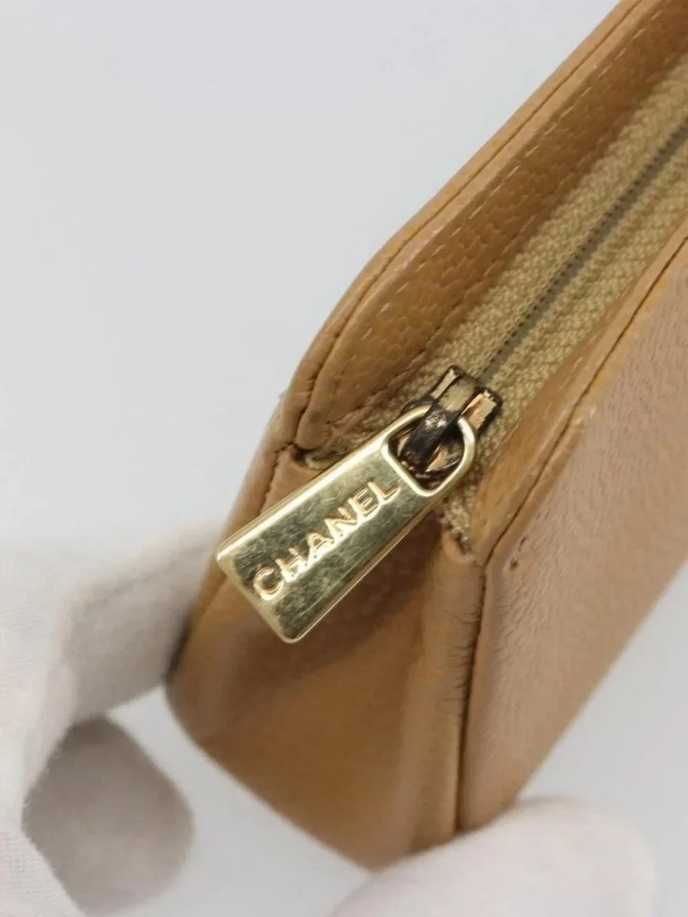 CHANEL COCO Mark Cosmetic Pouch Grained Calf Skin Beige Gold CC Auth 186407